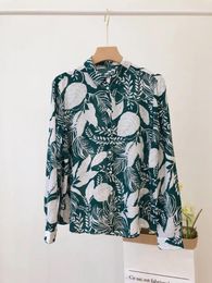 Women's Blouses ElfStyle Top Version Green Printing Long Sleeve Lapel Shirt - 2023ss Ladies Casual