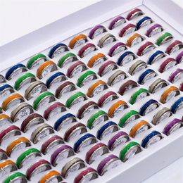 Bulk lots 50pcs Mixed Mens Band Rings Womens Colourful Cat Eye Stainless Steel Rings Width 7mm Sizes Assorted Whole Fashion Jew257P