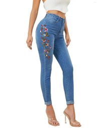 Women's Jeans 2023 Winter High Waist Embroidered For Women Fashionable Stretch Slim Ankle-Length Denim Pencil Pants S-XL