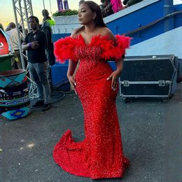 Luxurious Feather African Plus Size Aso Ebi Prom Dresses Mermaid Red Off Shoulder Sequined Lace Evening Formal Dress for Black Women Birthday Party Gowns NL062