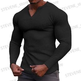 Men's T-Shirts Spring New Solid Color Slim Fit Long Sleeve T-shirt Men's Small V-neck Breathable Sports Coat Waffle Cotton Casual Long Sleeve T231219