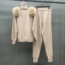 Women s Jacket Coat Pants Set Lady Real Fur Collar Sweatshirt Streetwear Knitted Spring Autumn Jogger Sweater S5988 231219