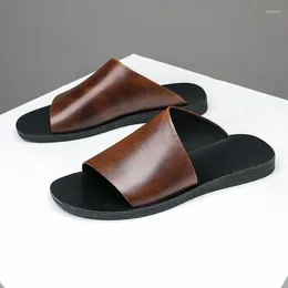 Slippers Soft Leather For Men 2023 Summer Style Comfortable Outdoor Brown Sandals Genuine Fashion Mens Beach Shoes