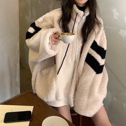 Womens Hoodies Sweatshirts Deeptown Women Zipper Jackets Harajuku Oversized Korean Streetwear Faux Lamb Fleece Winter Stripe Coats Casual Outerwear 231218