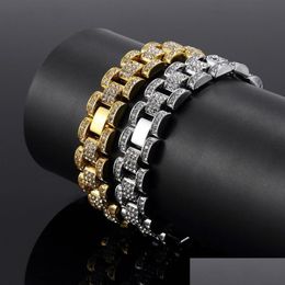 Bangle Bling 15Mm 21Cm Gold Sier Hip Hop Mens Rhinestones Watchband Chain Bracelet Tank For Boys Rapper Rocker Punk Iced O211P Drop Dhzj9