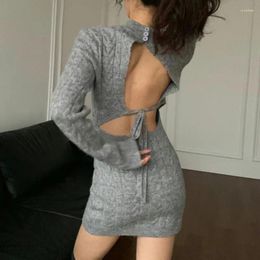 Casual Dresses Sexy Backless Bodycon Sweater Dress Solid Long Sleeve Turtleneck Women Autumn Streetwear Slim Stretch Knitted Mini T668