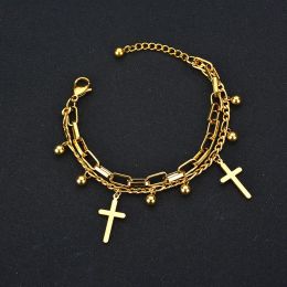 Fashion 14K Gold Cross Charms Bracelets For Women Golden Color Beads Chain Bracelet Religious Rosary Jewelry