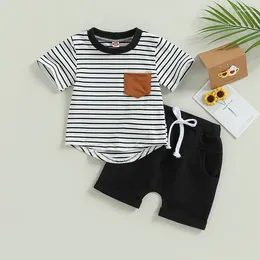 Clothing Sets Summer Born Baby Boy Fashion Short Sleeve O Neck Striped Tops Black Drawstring Shorts Toddler 2Pcs Suit