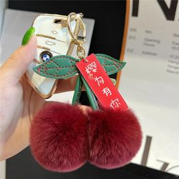 Key Rings Cute Small Cherry Real Rex Rabbit Fur Keychain Plush Ball Bag Charm Women Car Keyring Jewellery Pendant Sweet Girl Birthday Gifts 231218