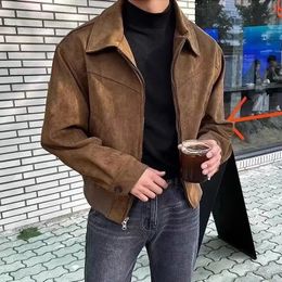 Men's Jackets Elegant Solid Brown Coat Men's Spring Autumn High-end Loose Lapel Plush Top Winter Zipper Short Jacket Vintage Streetwear 231218