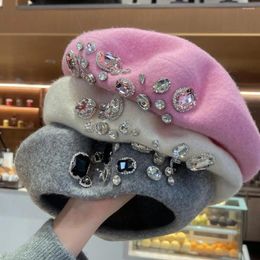 Berets Drop!! French Beret Thick Rhinestone Decor Brimless Thermal Wool Artist Style Painter Hat Women Headwear