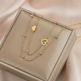 Pendant Necklaces 316L Stainless Steel Gold Colour Double Chain Heart Zirconia Necklace For Women Fashion Girls 2in1 Jewellery Birthday Gifts
