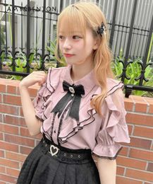 Women's Blouses Japanese Rojita Shirt Double Pleated Color Block Lace Ruffles Off Shoulder Solid Short Sleeve Blouse Top Summer Blusas