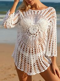 Women's Swimwear Beach Cover Ups For Women Long Sleeve Bikini White Top 2023 Summer Fashion Sexy Crochet Hollow Out Holiday