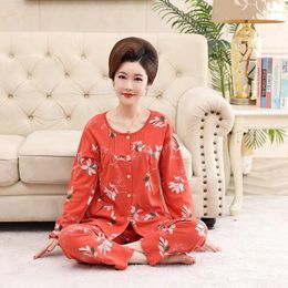 Women's Sleepwear 2 Pieces Set Mothers Autumn And Spring Cotton Cardiagan Nightwear Flowers Printed Pijamas Women Home Clothes