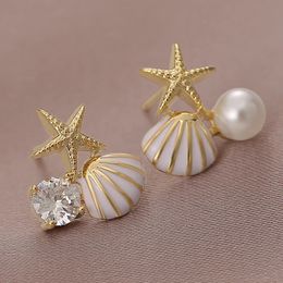 Stud Temperament Ocean Style Earring Starfish Shell Earring Creative Asymmetric Ear Ring Imitation Pearl Zircon 231219