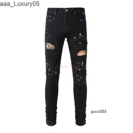 Scratch amari 889 amirl Street amirlies am es amis Fashion imiri amiiri Pants AM High Designer Clothing Brand es Black Jeans Denim Hole Paint Patch Trend Slim Str 9XRY