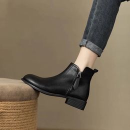 Boots 2024 British Soft Ankle Round Toe Side Zipper Short Boot Chelsea Black y Heel Fashion Women Shoes Bottine 231218