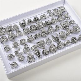 50pcs Lots Animal Rings Vintage Punk Gothic Mix Dragon Wolf Tiger Dog Lion Owl Mix Style Metal Jewellery For Men Women204S