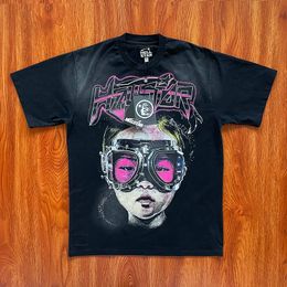 Hellstar Studios Globe tee Girl figure print with glasses Graffiti font Abstract Print Short sleeve Rapper Wash Grey Heavy Craft Unisex Short Sleeve SMLXL