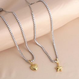 Pendant Necklaces FLOLA Polish Small Gold Plated Heart For Women Star Silver Color Tennis Chain Simple Jewelry Gifts Nkeq91