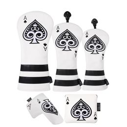 Products Ace of spades White PU Leather Embroidery Golf Club Headcover Driver Fairway Wood Hybrid Cover