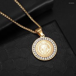 Pendant Necklaces Catholic St. Benedict Disc Inlaid Zircon Necklace Men Women Classic Religious Amulet Jewelry Gift