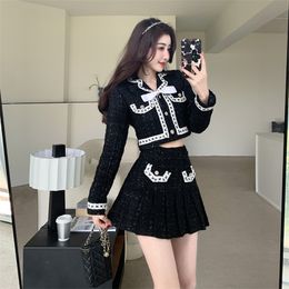 Two Piece Dress Fashion Small Fragrance Y2k Black Two Pieces Set Women Shorts Jackets Mini Pleated Skirts Women Outfits Ins Korean Suit 231218