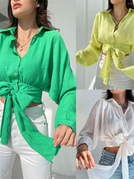 Women's Blouses Fashion Style Elegant Cross-Border Shirt Lace-up Long Sleeve Cardigan Spring And Autumn Midriff-Baring Loose Batwing