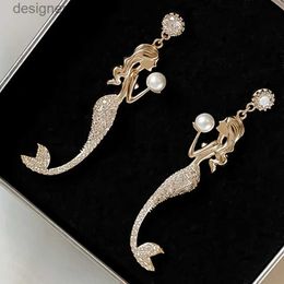 Dangle Chandelier Cute Rhinestone Cartoon Mermaid Crystal Fishtail Pearl Eardrop Earrings For Women Ear Studs With Long PendantL231219