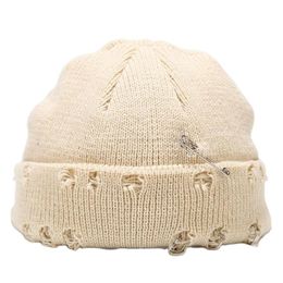 Winter Knit Distressed Docker Beanie With Pin Trawler Beanies Ripped Melon Hat Roll up Edge Skullcap for Men Women220p