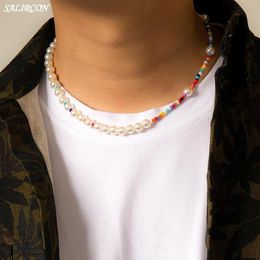 Boho Multicolor Beads Imitation Pearl Necklace For Women Men Kpop Vintage Aesthetic Strand Chain On The Neck Fashion Accessories P291n