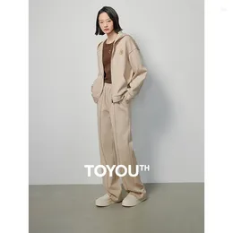 Women's Two Piece Pants Toyouth Women Set 2024 Spring Long Sleeve Sweatshirts And Sweatpants Athflow Style Casual Comfort Khaki Sport Suit