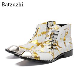 Batzuzhi Yellow Genuine Leather Shoes Boots for Men Western Cowboy Men's Ankle Boots Zip Party, Wedding Shoes Male! Size 38-47