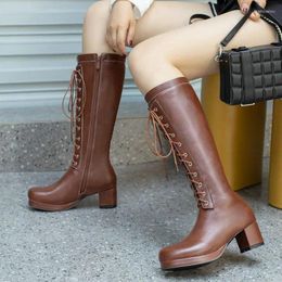 Boots Ladies Fashion Cross Tied Knight Autumn Winter Knee High Female Square Heel Zipper Women's Shoes