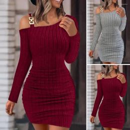 Casual Dresses Women Fall Spring Dress Knitted One Shoulder Skinny Oblique Neck Long Sleeve Mini Sheath Party Prom