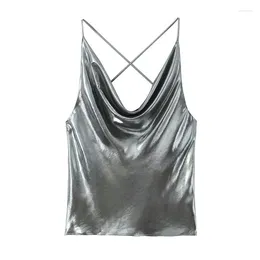 Women's Tanks Spring Summer Metallic Sexy Fashion Suspender Top Halter Backless Asymmetrical Hem Cami Crop Tops