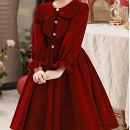 Girl's Dresses Girls Wine Red Long Sleeve Dress Autumn Winter Children Princess Thick Clothes Kids Christmas Party Piano Performance Dresses