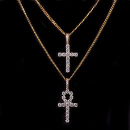 Iced Zircon Ankh Cross Necklace Jewelry Set Gold Silver Copper Material Bling CZ Key To Life Egypt Pendants Necklaces245m