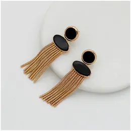 Dangle Earrings Korean Modern Long Chain Tassel For Women Fashion Oval Gold Color Black Acrylic Copper Drop Jewelry Party