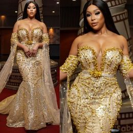 Luxury Gold Plus Size Prom Dresses Long Off Shoulder Evening Gowns Formal Dress for African Black Women Pearls Bead Lace Mermaid Evening Dresses Birthday Gown AM224