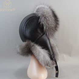 Trapper Hats Brand Luxury Real Sheepskin Leather Cap Unisex Winter Russian Fur Hat Warm Soft Quality Raccoon Bombers 231219