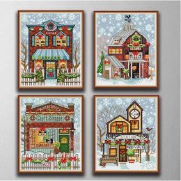 Tools 4 in 1 Christmas cottage series home decor paintings ,Handmade Cross Stitch Craft Tools Embroidery Needlework sets counted print o