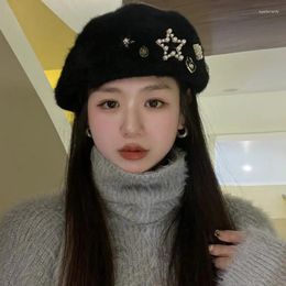 Berets Winter Genuine Hair Rhinestone Pearl Decorated Women's Beret Beanie Fashion French Warm Painter's Hat