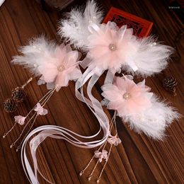 Hair Clips Feather Hairpins Side Pink/Blue Flower Headpiece Long Ribbon Headwear Pearl Rhinestone Design Party Jewelry For Women