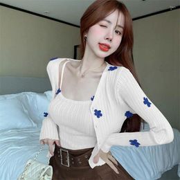 Women's Tanks 2023 Early Autumn 3D Flower Short Long Sleeve Knitted Cardigan Hanging Neck Tank Top Sexy Spicy Two Piece Set Women Outfits