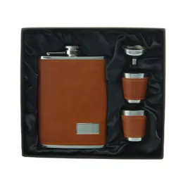 8 oz leather wrapped hip flask with 2 cups and funnel in gift box packing, Food degree , logo free engraved
