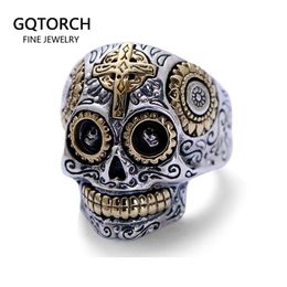 Real Solid 925 Sterling Silver Sugar Skull Rings For Men Mexican Rings Retro Gold Color Cross Sun Flower Engraved Punk Jewelry J01270O