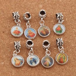 100pcs lot Enamel Catholic Religious Church Medals Saints Charm Beads Antique Silver Fit European Bracelets B1706 26 4x11 45mm225R