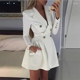 Casual Dresses Notched Lapel Double Breasted Blazer Dress 2023 Sexy Elegant Long Sleeve Swing Short Mini Bodycon White Party Frocks